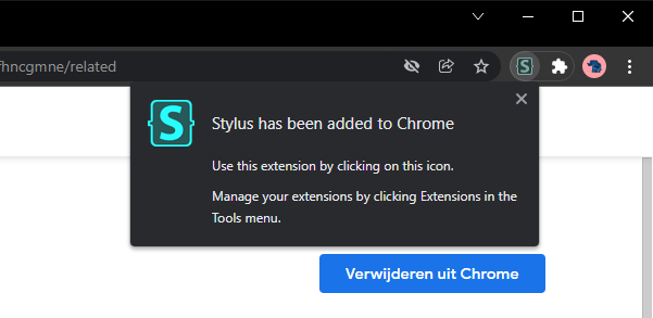 The Stylus button has appeared in the extension bar with a popup that reads 'Stylus has been added to Chrome'.