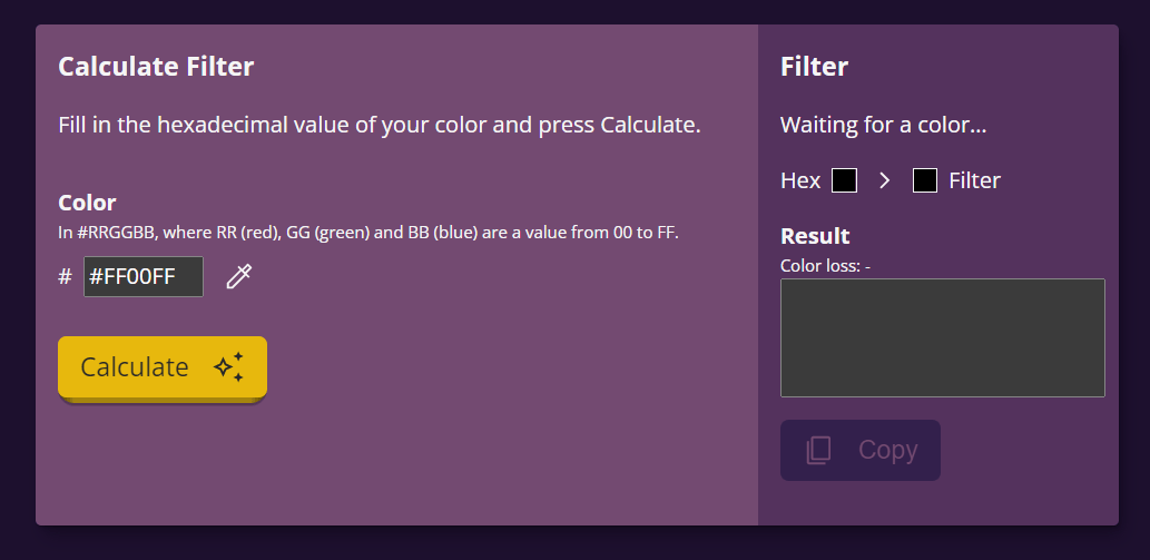 The calculate filter form of this website. The color field contains the value '#FF00FF'.