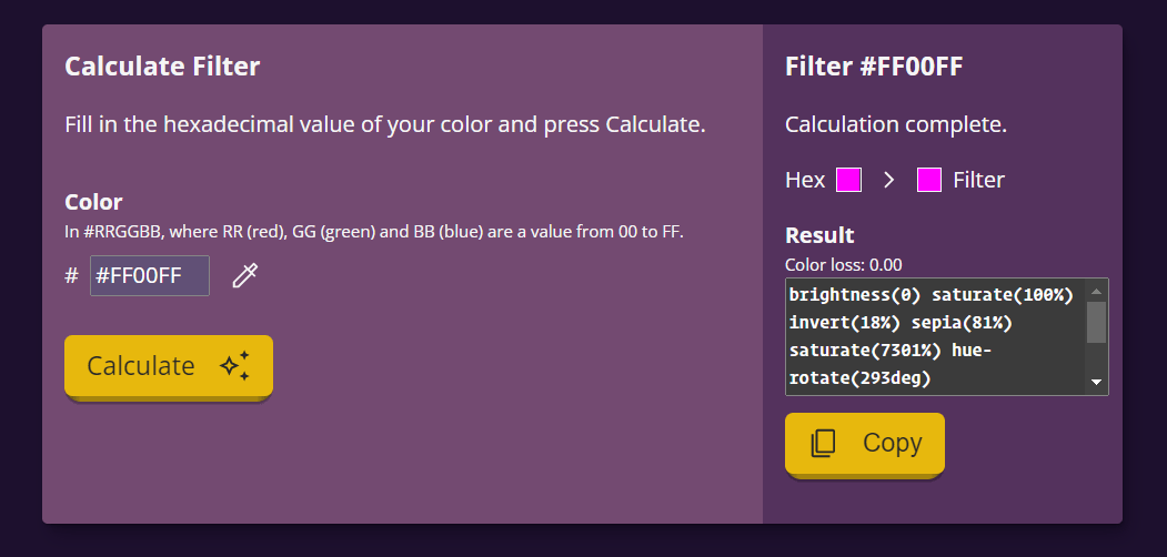 The calculate filter form of this website. The result text area contains the calculated value starting with 'brightness(0)'.