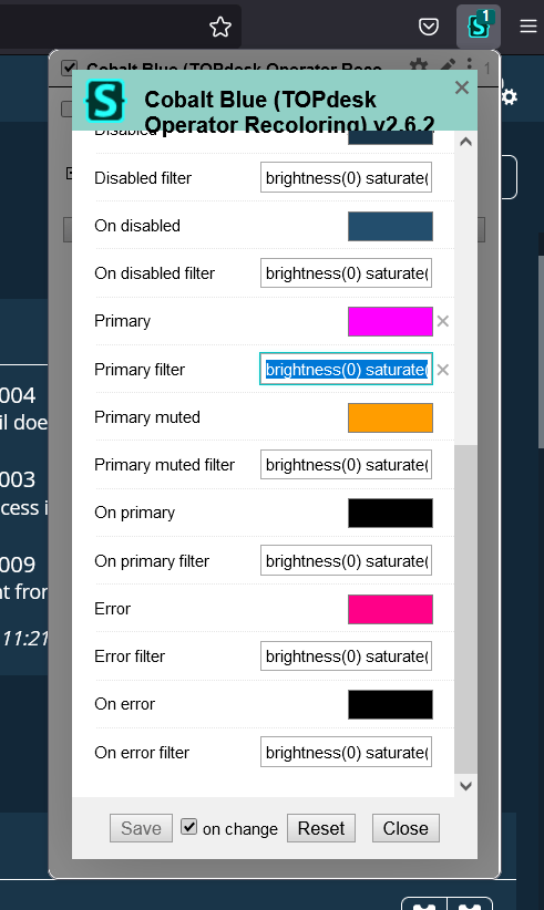 The stylus style configuration popup again, but the 'Primary' color is now pink and the 'Primary filter' field is selected.
