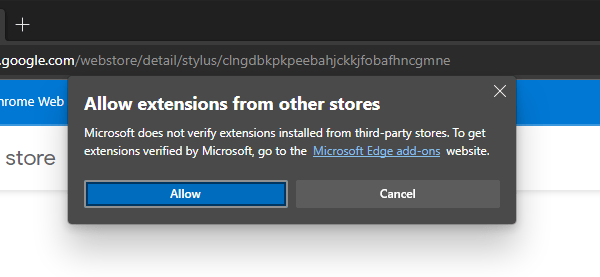 The confirmation popup to allow extensions from other stores, which explains that 'Microsoft does not verify extensions installed from third-party stores'.