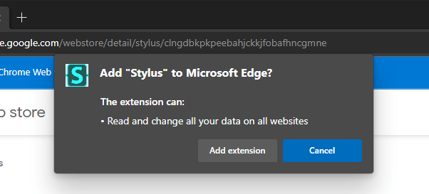 The Edge permission popup which warns that the Stylus extension will be able to 'Read and change all your data on all websites'.