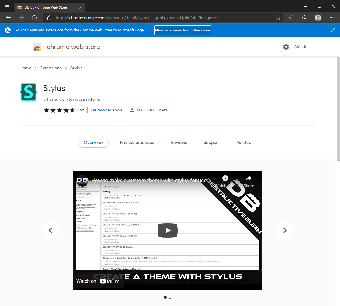 The Chrome web store page for Stylus. A banner at the top says 'You can now add extensions from the Chrome web store to Microsoft Edge', with a button that reads 'Allow extensions from other stores'.