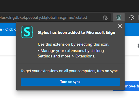 The Stylus button has appeared in the extension bar with a popup that reads 'Stylus has been added to Microsof Edge'.