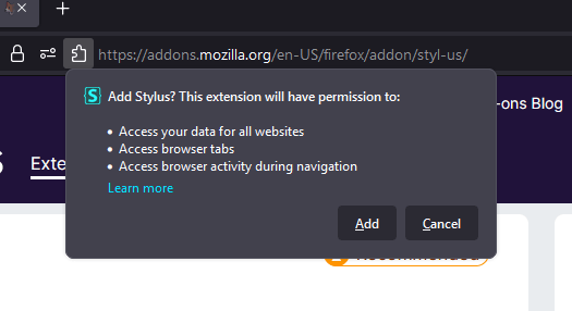 The Firefox permission popup which warns that the Stylus extension will be able to 'Access your data for all websites', 'Access browser tabs', and 'Access browser activity during navigation'.