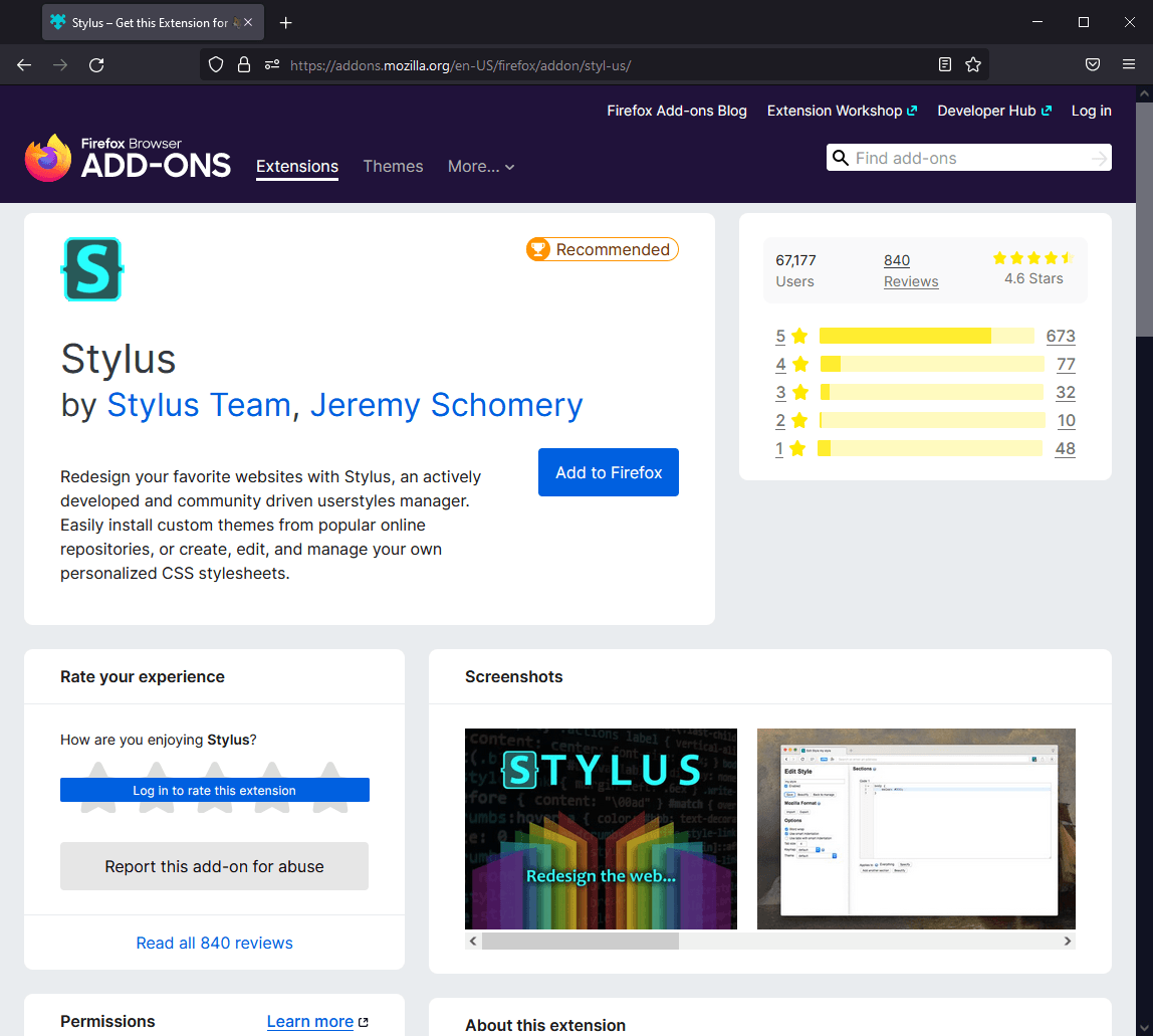 The Firefox add-on page for Stylus.